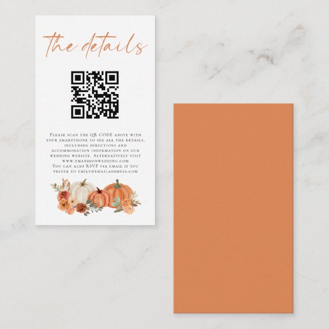 Autumn Pumpkins Florals QR Code Wedding Details Enclosure Card (Front/Back)