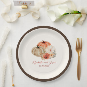 Autumn  Pumpkins Flowers Elegant Falling in love   Paper Plate