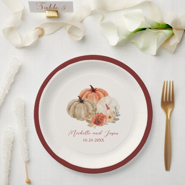 Autumn  Pumpkins Flowers Elegant Falling in love Paper Plate (Wedding)