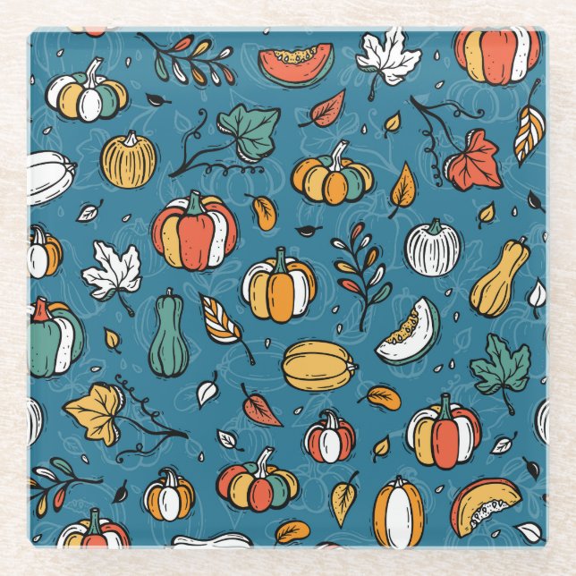 Autumn Pumpkins: Hand Drawn Vegetables Glass Coaster (Front)