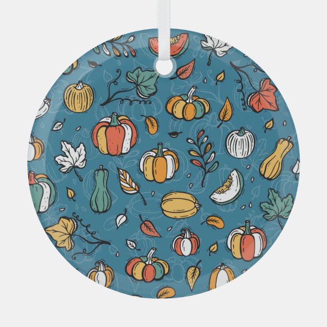Autumn Pumpkins: Hand Drawn Vegetables Glass Tree Decoration (Front)