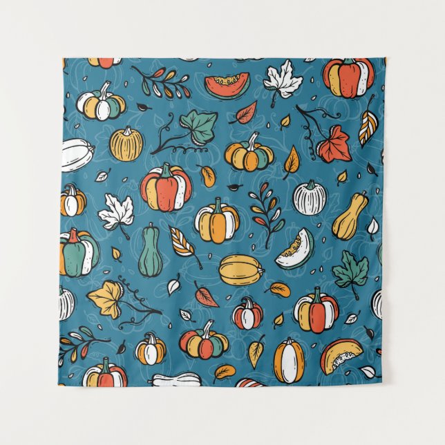 Autumn Pumpkins: Hand Drawn Vegetables Tapestry (Front)