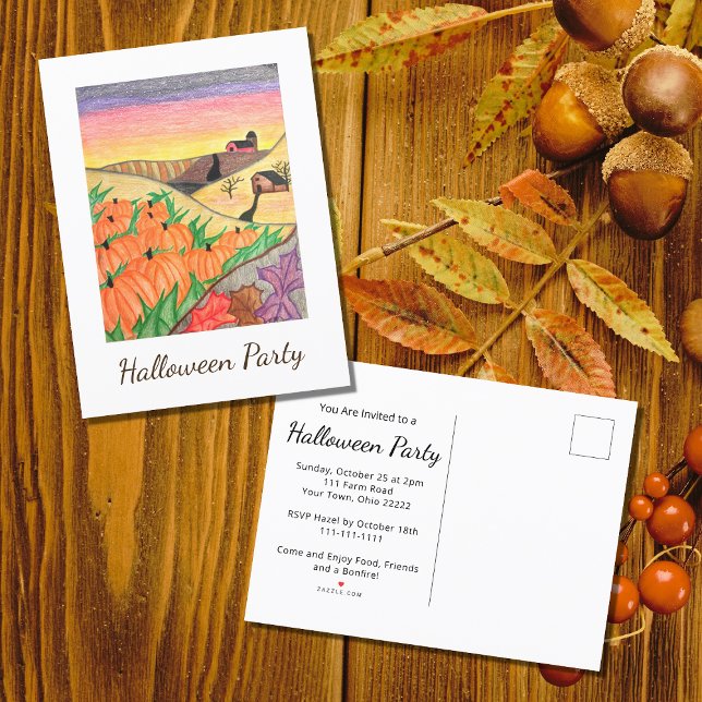 Autumn Pumpkins Harvest Folk Art Halloween Party  Invitation Postcard (Creator Uploaded)