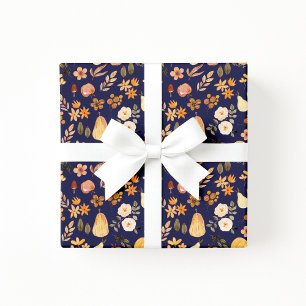 Autumn Pumpkins Navy Fall Wrapping Paper