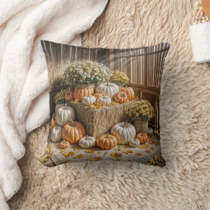 Autumn Pumpkins On A Hay Bale Cushion