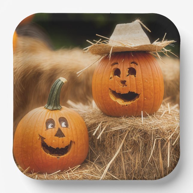 Autumn Pumpkins On Hay Bales Paper Plate (Front)