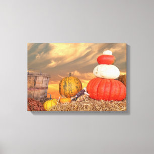 autumn pumpkins on hay baleswith sunset sky canvas print