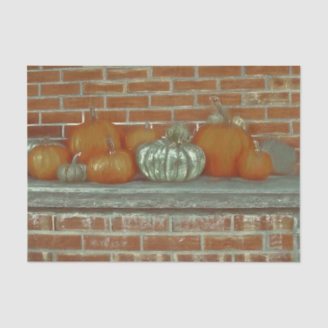 Autumn Pumpkins Orange Green Brick Background Tissue Paper (Front)