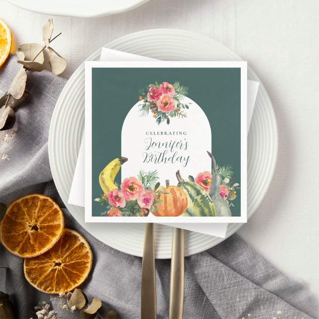Autumn Pumpkins Pink Floral Birthday Party Napkin (Creator Uploaded)