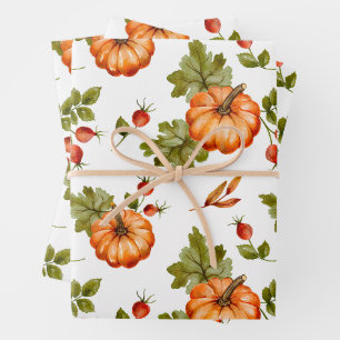 Autumn Pumpkins, Red Berries and Leaves Wrapping Paper Sheet