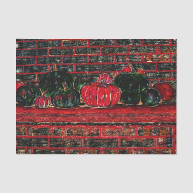 Autumn Pumpkins Red Black Brick Background Tissue Paper (Front)