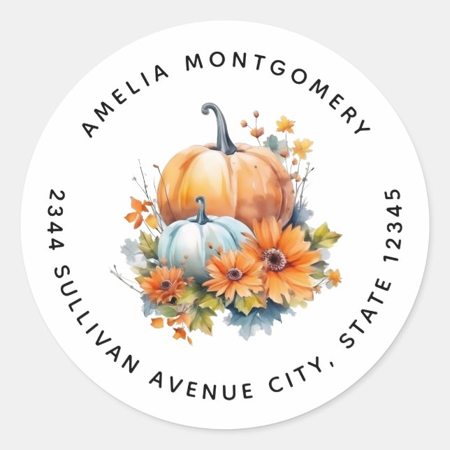 Autumn Pumpkins with Flowers and Foliage - Address Classic Round Sticker (Front)