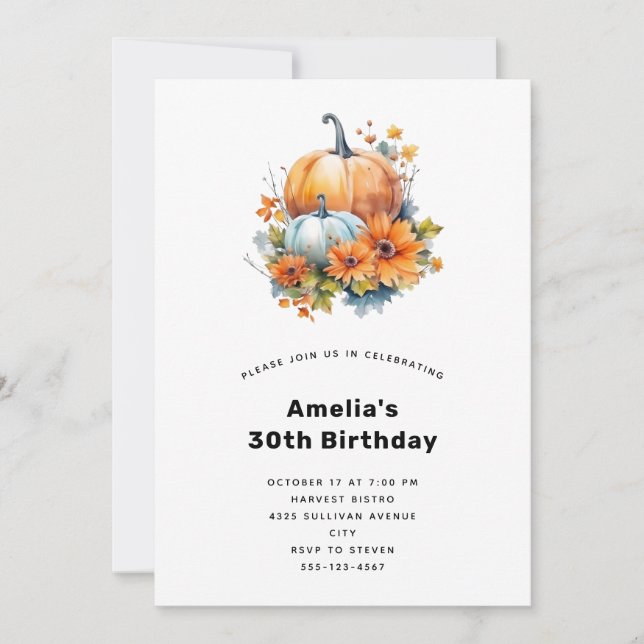 Autumn Pumpkins with Flowers and Foliage Birthday Invitation (Front)