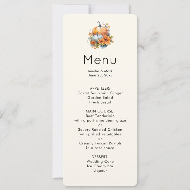 Autumn Pumpkins with Flowers and Foliage Menu Invitation (Front)