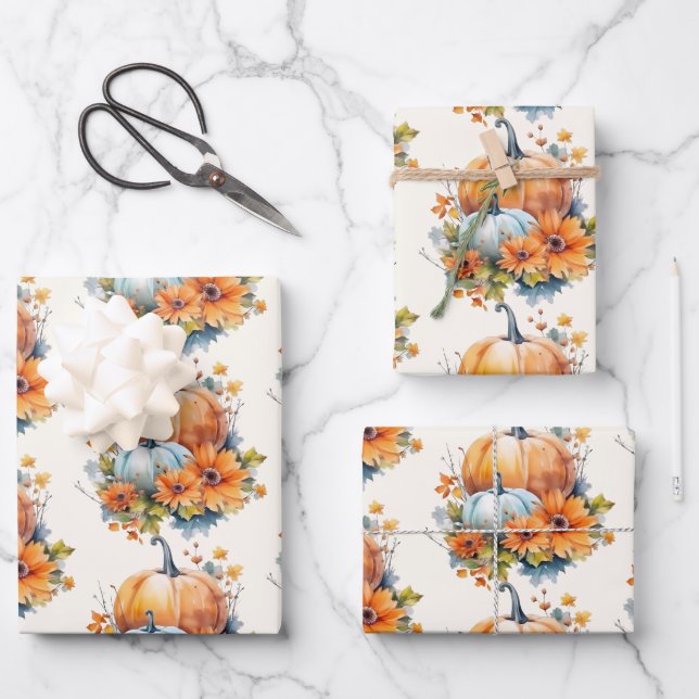 Autumn Pumpkins with Flowers and Foliage Pattern Wrapping Paper Sheet (Front)