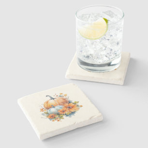Autumn Pumpkins with Flowers and Foliage Stone Coaster