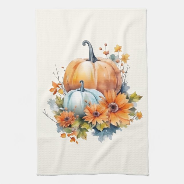 Autumn Pumpkins with Flowers and Foliage Tea Towel (Vertical)