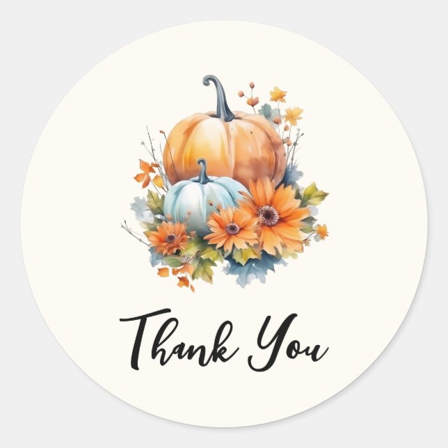 Autumn Pumpkins with Flowers and Foliage Thank You Classic Round Sticker (Front)