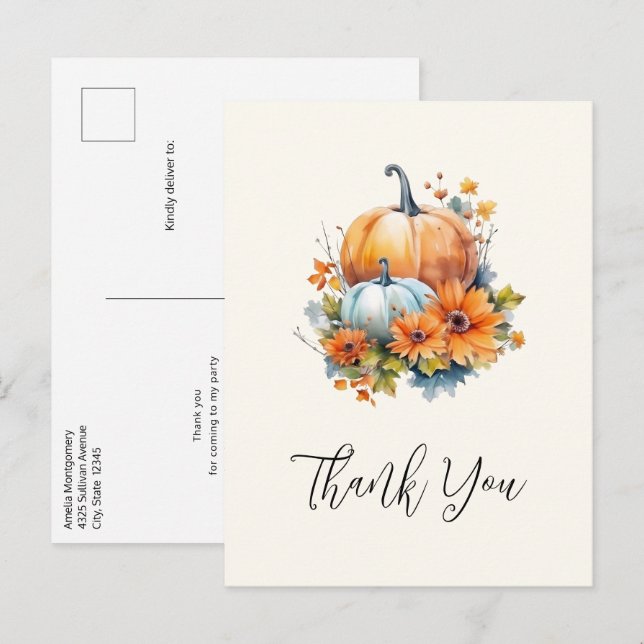 Autumn Pumpkins with Flowers and Foliage Thank You Postcard (Front/Back)