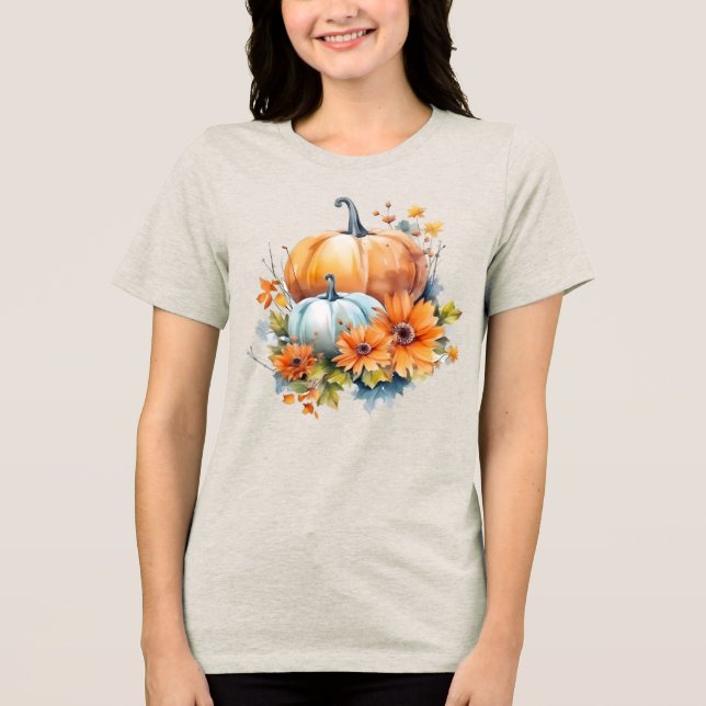 Autumn Pumpkins with Flowers and Foliage Tri-Blend Shirt (Front)