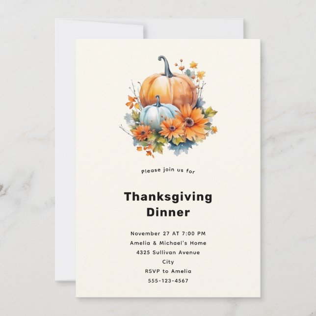 Autumn Pumpkins with Flowers Thanksgiving Dinner Invitation (Front)