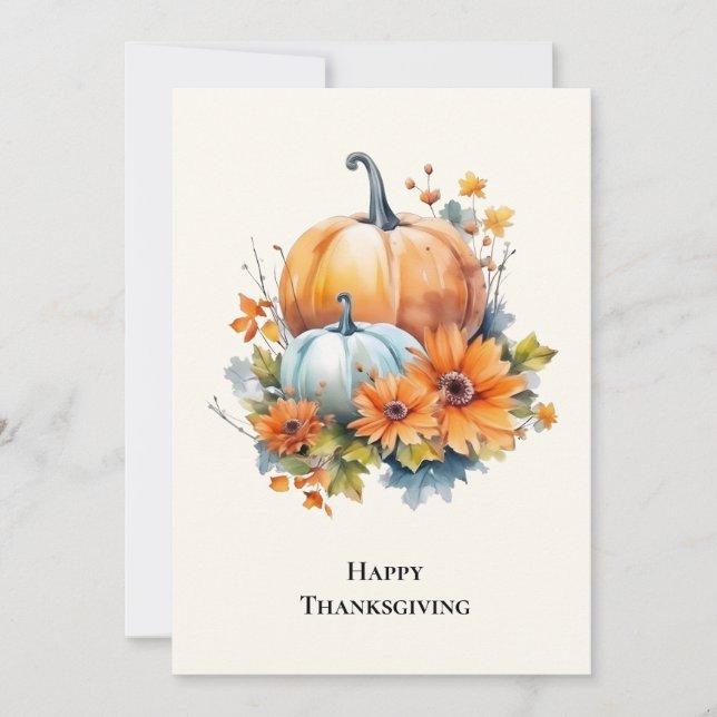 Autumn Pumpkins with Flowers Thanksgiving Holiday Card (Front)