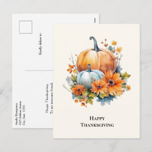 Autumn Pumpkins with Flowers Thanksgiving Holiday Postcard
