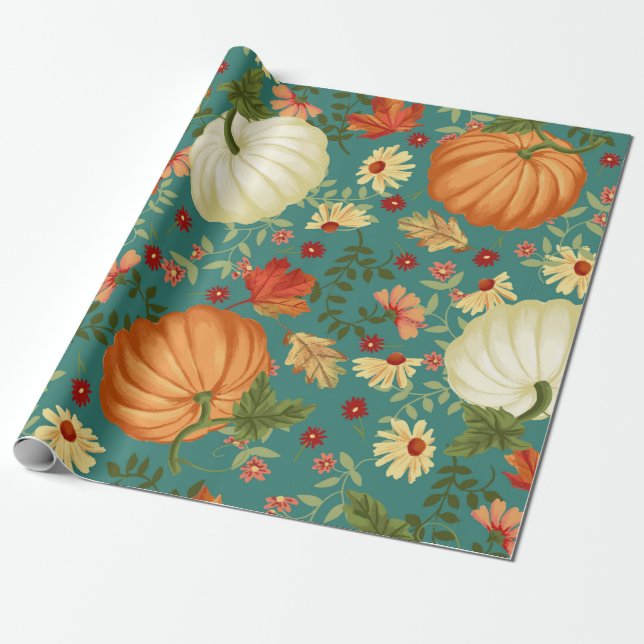 Autumn pumpkins with teal background pattern. Mapl Wrapping Paper (Unrolled)