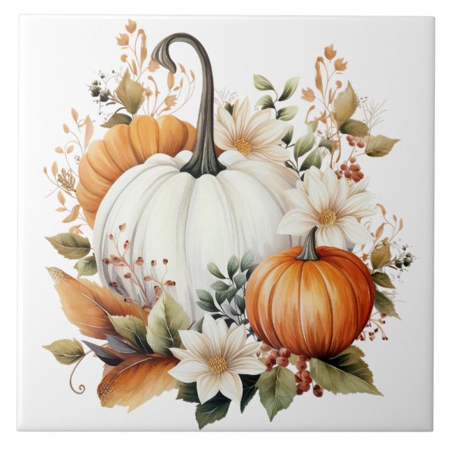 Autumn Punpkin Floral Ceramic Tile (Front)