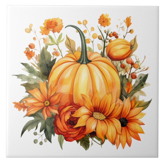 Autumn Punpkin Floral Ceramic Tile (Front)