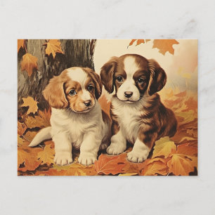 Autumn puppies and maple leaves, postcard