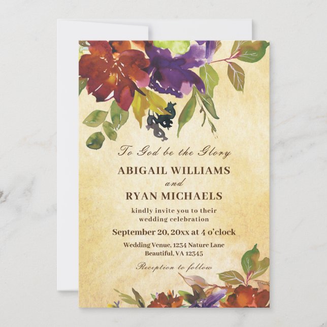 Autumn Purple Burnt Orange Christian Wedding Invitation (Front)
