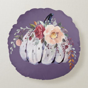 Autumn purple pumpkin grey floral watercolor round cushion