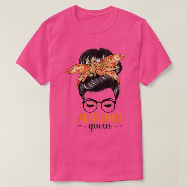 Autumn Queen Pumpkin Messy Bun Fall Leave Maple Vi T-Shirt (Design Front)