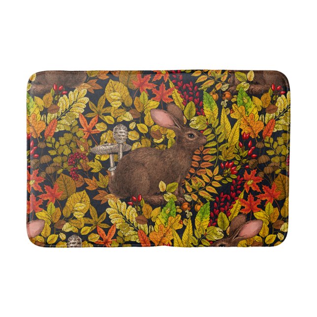 Autumn Rabbit on black Bath Mat (Front)