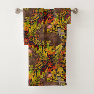 Autumn Rabbit on black Bath Towel Set