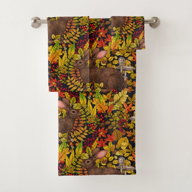 Autumn Rabbit on black Bath Towel Set (Insitu)