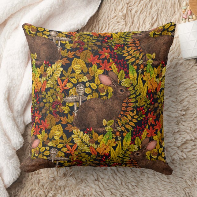 Autumn Rabbit on black Cushion (Blanket)