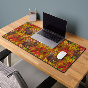 Autumn Rabbit on black Desk Mat