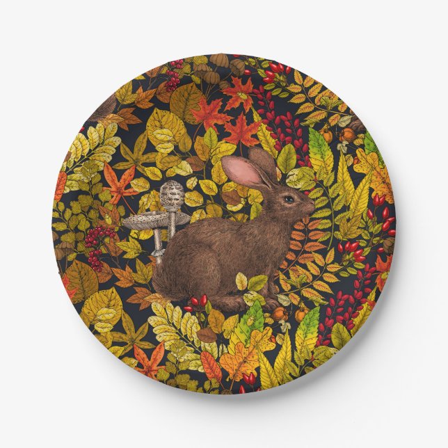 Autumn Rabbit on black Paper Plate (Front)