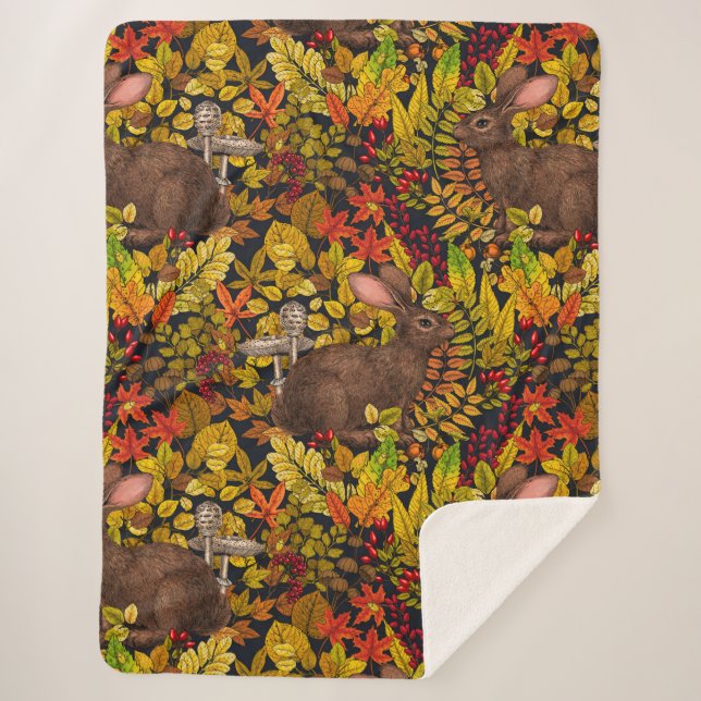Autumn Rabbit on black Sherpa Blanket (Front)