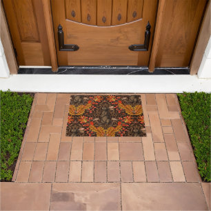 Autumn rabbit on brown doormat