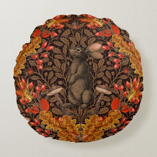 Autumn rabbit on brown round cushion (Front)