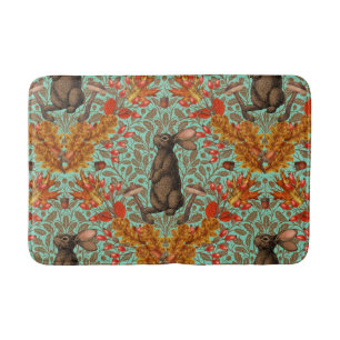 Autumn rabbit on light green bath mat