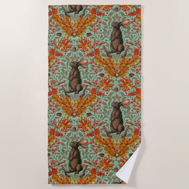 Autumn rabbit on light green beach towel (Front)