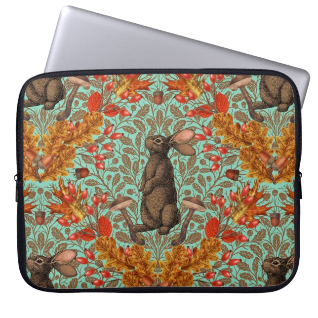 Autumn rabbit on light green laptop sleeve (Front)