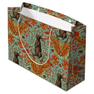 Autumn rabbit on light green large gift bag