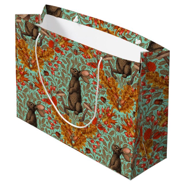 Autumn rabbit on light green large gift bag (Back Angled)