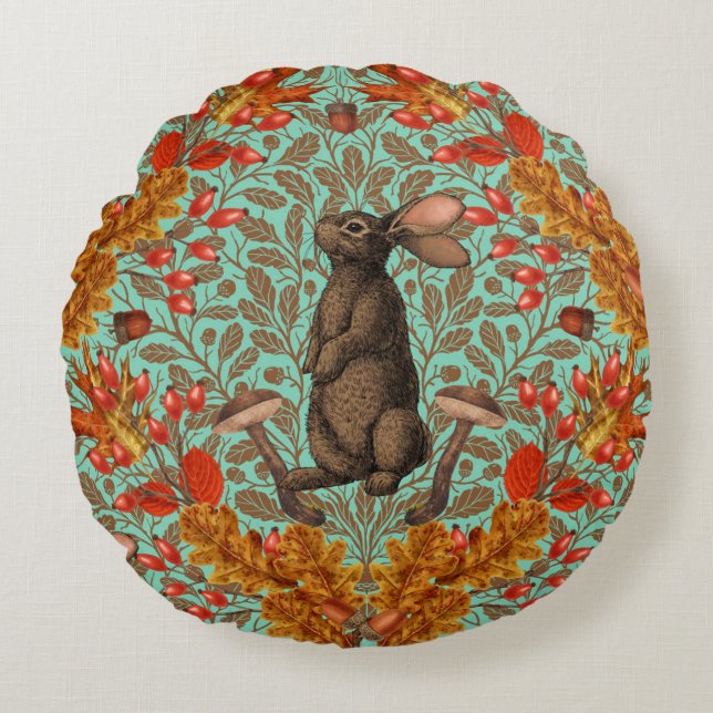 Autumn rabbit on light green round cushion (Front)