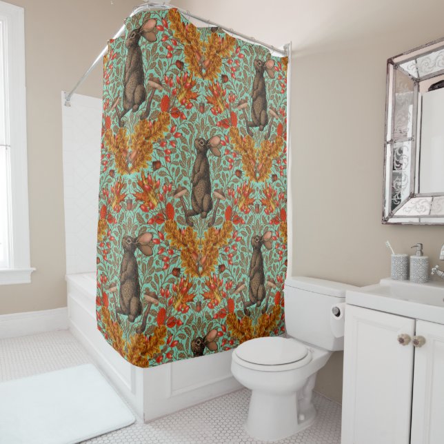 Autumn rabbit on light green shower curtain (In Situ)